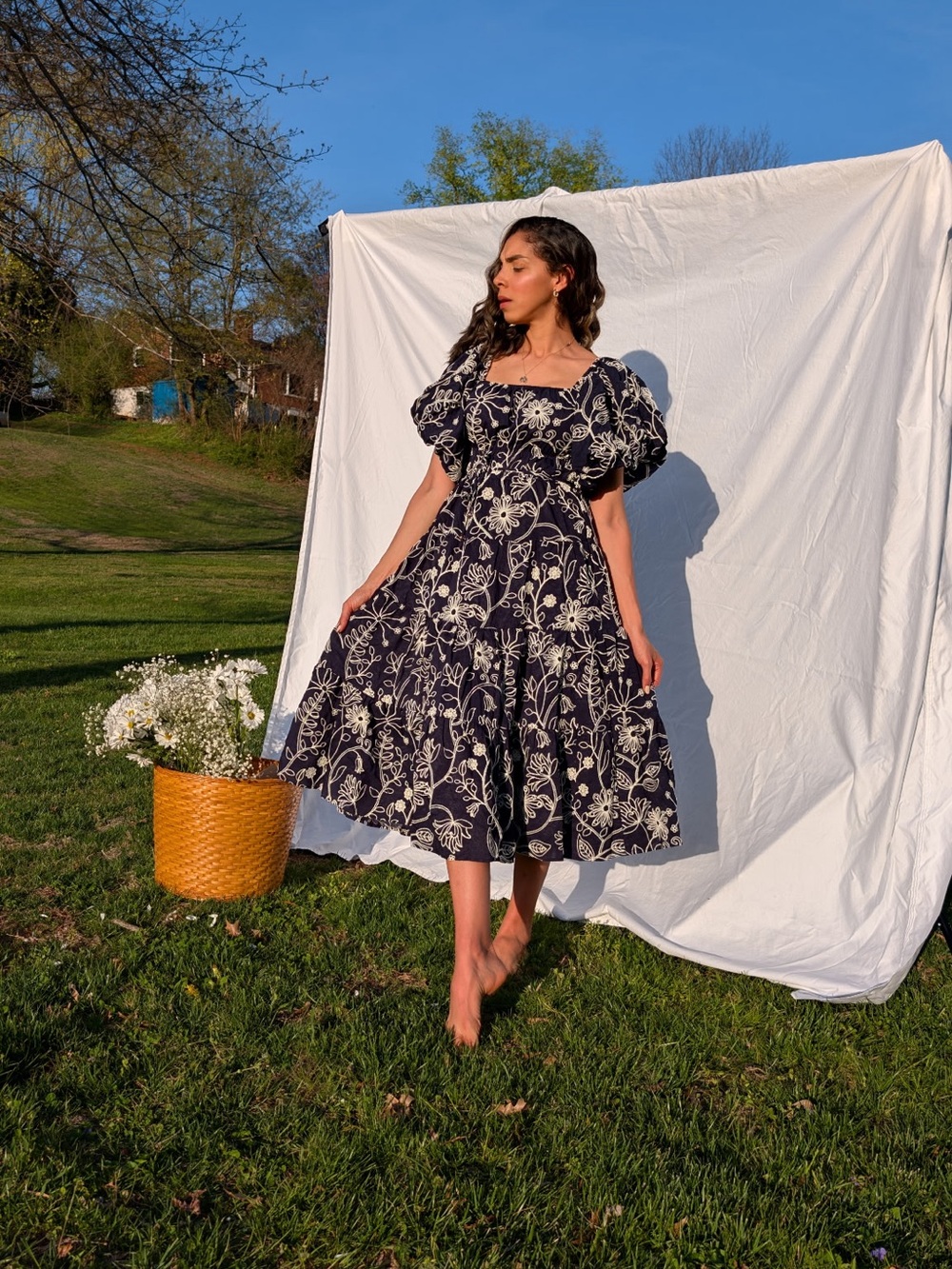 HYFVE Navy Midi Dress with Cream Floral Print